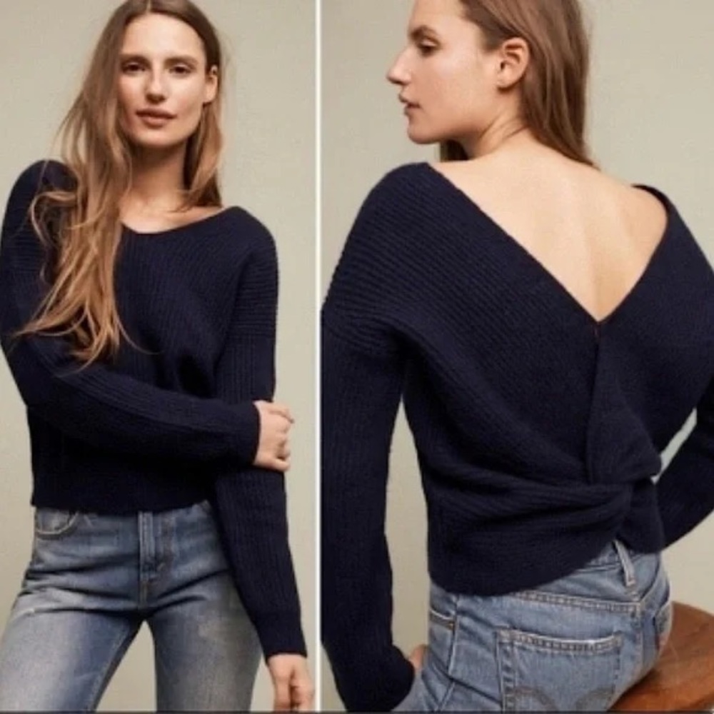 Anthropologie Angel of the North Twist Back Crop Navy Sweater S